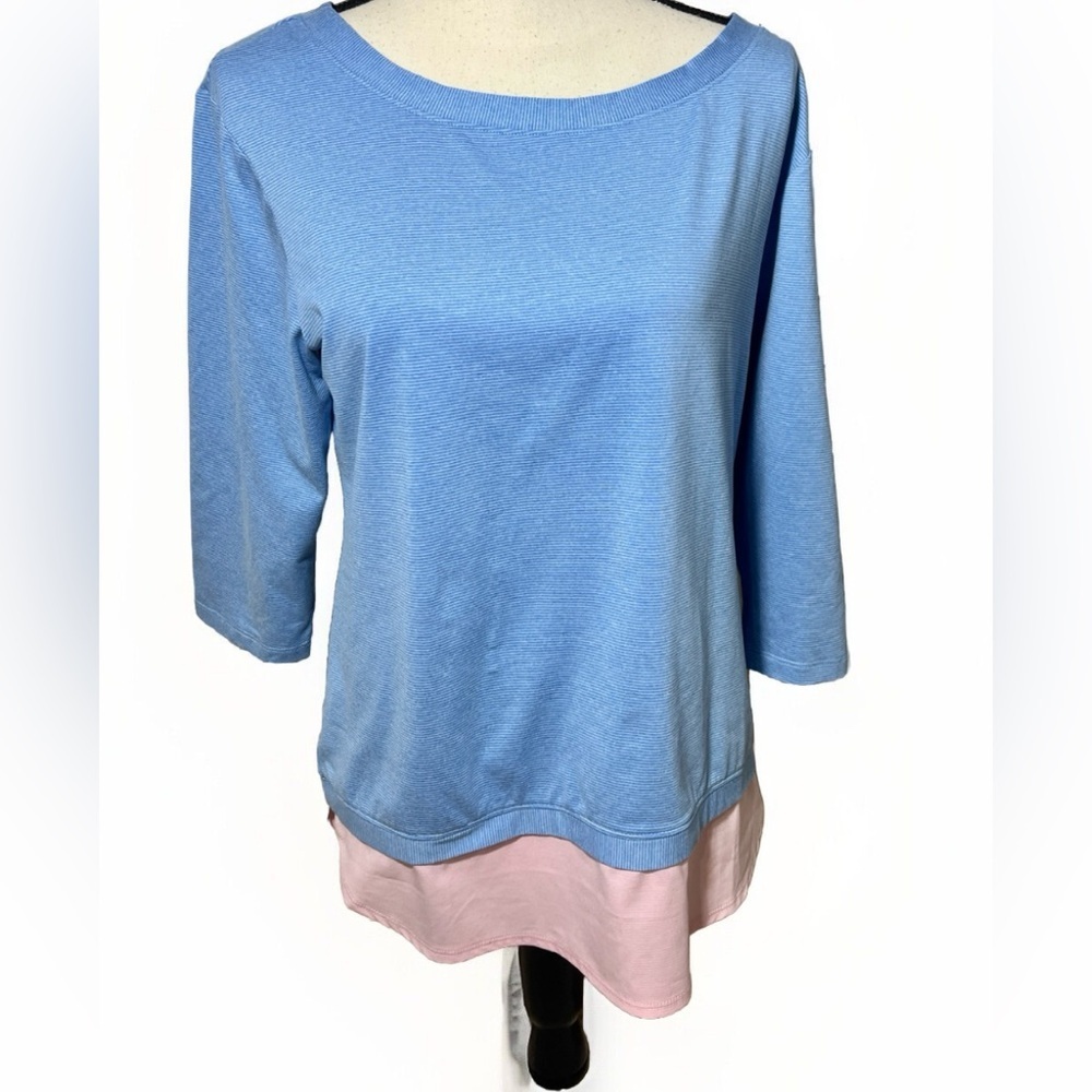 Columbia PFG Womens Shirt size M Blue Pink Pinstripe 3/4 Long Sleeve Pullover